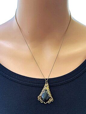 Vintage CACO Pendant Necklace 1/20th Gold Fill Black Onyx 18 Inch Length